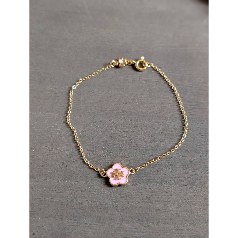 TORY BURCH Kira Orchid Pink Enamel Flower Logo T Gold Chain Bracelet - Picture 2 of 3